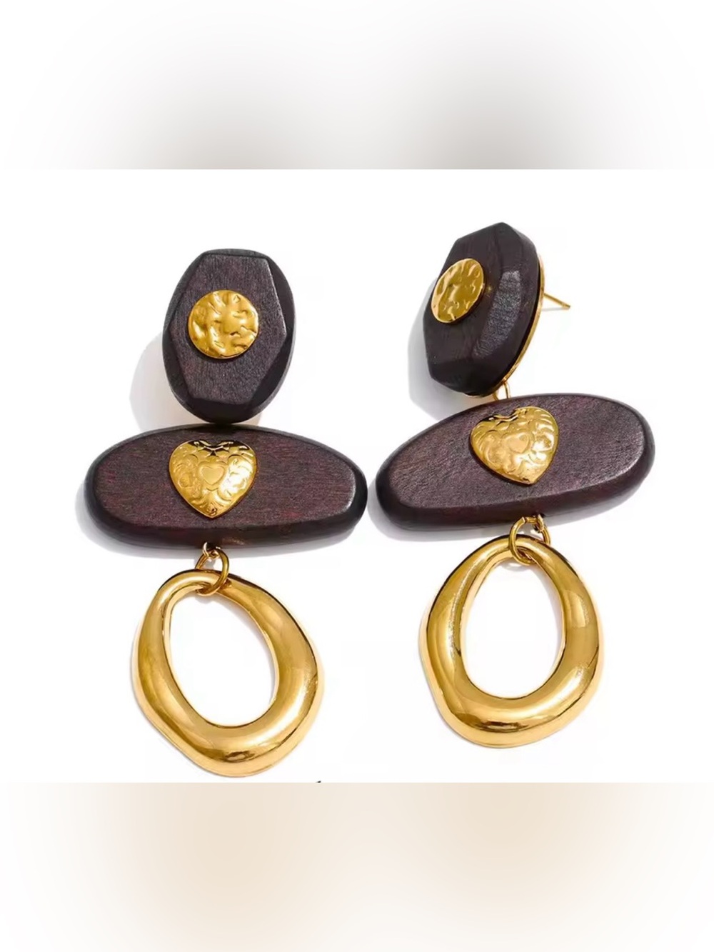 Gold & Dark Brown Heart Drop Earrings